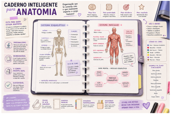 A disciplina de Anatomia costuma ser um dos primeiros grandes desafios na graduação em Medicina, principalmente porque exige do estudante uma mudança completa na forma de estudar. Em vez de conteúdos mais conceituais, o aluno passa a lidar com estruturas reais do corpo humano, com alto nível de detalhe, o que torna o processo de aprendizagem mais exigente e visual. Dificuldade comum dos estudantes em Anatomia Em primeiro lugar, uma das maiores dificuldades está em transformar a quantidade de informação em algo compreensível e organizado. Muitos estudantes tentam memorizar tudo de forma linear, o que acaba gerando confusão entre nomes, funções e localizações. Além disso, como já apontava Jean Piaget, o aprendizado ocorre de forma mais eficiente quando o conhecimento é estruturado em esquemas mentais claros. Em Anatomia, isso é essencial, pois o cérebro precisa “visualizar” o corpo humano como um sistema integrado, e não como uma lista de termos isolados. Volume de conteúdo e complexidade estrutural do corpo humano Outro ponto importante é o volume de conteúdo. O estudante precisa compreender sistemas completos, como o cardiovascular, o nervoso e o musculoesquelético, cada um com suas subdivisões, funções e relações entre si. Por exemplo, ao estudar o sistema nervoso, não basta decorar o encéfalo e a medula espinhal. É necessário entender como um estímulo sensorial percorre neurônios até gerar uma resposta motora, conectando estrutura e função de forma contínua. Essa complexidade reflete a própria organização biológica do corpo humano, onde cada sistema depende do outro para funcionar corretamente. Importância de resumos bem organizados Nesse contexto, os resumos bem estruturados se tornam fundamentais. Eles permitem transformar um conteúdo extenso em um formato mais visual, direto e funcional para revisão. Por exemplo, ao invés de apenas listar os ossos do crânio, o estudante pode organizá-los por regiões (frontal, parietal, occipital), facilitando a memorização e a compreensão espacial. Esse tipo de organização reduz a sobrecarga cognitiva e melhora a retenção do conteúdo. Relação com aprendizado ativo na medicina Além disso, a Anatomia exige um modelo de aprendizado ativo, no qual o estudante não apenas lê, mas interage com o conteúdo. Isso pode ser feito por meio de desenhos, mapas mentais e esquemas funcionais. Na prática, ao desenhar o fluxo sanguíneo do coração ou esquematizar o trajeto de um nervo periférico, o aluno está aplicando um princípio básico da biologia: a organização estrutural determina a função. Esse tipo de estudo ativo fortalece a memória e aproxima o estudante da realidade clínica, onde o raciocínio anatômico é constantemente utilizado. Portanto, organizar bem os resumos de Anatomia não é apenas uma questão de método, mas uma estratégia essencial para transformar complexidade biológica em conhecimento compreensível e aplicável. Por que Anatomia exige resumos bem estruturados? Em primeiro lugar, a Anatomia ocupa uma posição central na formação médica, funcionando como a base sobre a qual todas as outras disciplinas são construídas. Sem uma compreensão sólida das estruturas do corpo humano, torna-se mais difícil interpretar processos fisiológicos, patológicos e clínicos ao longo do curso. Anatomia como base das ciências médicas Antes de tudo, a Anatomia é considerada a linguagem fundamental da Medicina. Ela descreve as estruturas que sustentam todas as funções do organismo, desde os ossos e músculos até os órgãos internos. Por exemplo, compreender a localização do coração no mediastino ou o trajeto de um nervo periférico não é apenas um detalhe teórico, mas uma base essencial para qualquer futura atuação clínica. Relação com raciocínio clínico Além disso, a Anatomia está diretamente ligada ao raciocínio clínico. O médico não pensa apenas em sintomas, mas em estruturas e relações anatômicas que explicam esses sinais. Por exemplo, uma dor irradiada no braço esquerdo pode estar relacionada ao coração, devido à inervação compartilhada entre regiões do corpo. Esse tipo de raciocínio depende de uma organização clara do conhecimento anatômico. Exemplo biológico: organização por sistemas do corpo Do ponto de vista biológico, o corpo humano é organizado em sistemas interdependentes, como o sistema nervoso e o sistema cardiovascular. Por exemplo, o sistema nervoso coordena respostas rápidas a estímulos, enquanto o sistema cardiovascular garante o transporte de oxigênio e nutrientes. Estudar esses sistemas de forma separada e organizada facilita a compreensão de como eles interagem para manter a homeostase do organismo. Conexão com a teoria da aprendizagem significativa de David Ausubel Por fim, essa necessidade de organização se conecta diretamente com a teoria da aprendizagem significativa de David Ausubel. Segundo essa teoria, o aprendizado ocorre de forma mais eficiente quando novas informações são integradas a estruturas cognitivas já existentes. Na prática, isso significa que resumos bem estruturados ajudam o estudante a relacionar novos conteúdos de Anatomia com conhecimentos prévios, tornando o aprendizado mais sólido, duradouro e aplicável à prática médica. Como estruturar resumos de Anatomia no Caderno Inteligente Em primeiro lugar, estruturar os resumos de Anatomia no Caderno Inteligente é uma forma de transformar um conteúdo extenso e complexo em algo visual, organizado e fácil de revisar. Como a própria neurociência da aprendizagem sugere, especialmente nos estudos de Eric Kandel, a repetição associada à organização do conteúdo fortalece a memória e facilita a consolidação do conhecimento ao longo do tempo. Nesse sentido, uma das estratégias mais eficientes é organizar a Anatomia por sistemas do corpo humano, o que permite compreender o organismo de forma integrada e lógica. H3 — Organização por sistemas do corpo A divisão por sistemas ajuda o estudante a enxergar o corpo humano como um conjunto organizado de funções interdependentes. Em vez de estudar estruturas isoladas, o aluno passa a entender como cada parte contribui para o funcionamento global do organismo. Sistema esquelético O sistema esquelético pode ser organizado em regiões como crânio, coluna vertebral e membros. Essa estrutura facilita a visualização da sustentação do corpo e da proteção de órgãos vitais. Sistema muscular Já o sistema muscular pode ser dividido em músculos esqueléticos, lisos e cardíacos, permitindo compreender tanto o movimento voluntário quanto funções automáticas do organismo. Sistema nervoso O sistema nervoso deve ser estruturado em encéfalo, medula espinhal e nervos periféricos. Essa organização ajuda a entender como os estímulos são recebidos, processados e transformados em respostas. Sistema circulatório Por fim, o sistema circulatório pode ser organizado em coração, artérias, veias e capilares, facilitando a compreensão do fluxo sanguíneo e da distribuição de oxigênio pelo corpo. Dessa forma, ao estruturar os resumos por sistemas, o estudante cria uma lógica biológica clara, o que torna o aprendizado mais eficiente e próximo da realidade clínica da Medicina. Técnicas eficientes para resumos de Anatomia A Anatomia é uma das disciplinas mais desafiadoras da graduação em Medicina porque exige muito mais do que memorização. O estudante precisa compreender como cada estrutura se relaciona com outras, formando um organismo integrado e funcional. A aprendizagem torna-se significativamente mais eficiente quando os resumos são construídos de maneira ativa, utilizando recursos visuais, organização lógica e associação entre forma e função. Ao transformar o conteúdo em representações gráficas, esquemas e códigos visuais, o cérebro cria múltiplos caminhos para recuperar a informação, favorecendo a retenção de longo prazo e a aplicação prática durante aulas, provas e atividades clínicas. Mapas mentais anatômicos Os mapas mentais são excelentes ferramentas para organizar grandes quantidades de informação sem perder a visão global do corpo humano. Em vez de estudar cada estrutura de forma isolada, o estudante passa a visualizar as conexões entre sistemas, tecidos e funções fisiológicas. Por exemplo, ao estudar o sistema cardiovascular, o centro do mapa pode ser o coração. A partir dele, surgem ramificações para: Grandes vasos; Circulação pulmonar; Circulação sistêmica; Irrigação dos órgãos; Inervação cardíaca; Correlações clínicas. Essa organização evidencia que nenhuma estrutura existe de maneira independente. Artérias, veias, nervos, músculos e órgãos funcionam como uma rede integrada, facilitando tanto a compreensão anatômica quanto o raciocínio clínico. Quanto mais relações forem estabelecidas durante a construção do mapa mental, maior será a capacidade do cérebro de recuperar essas informações posteriormente. Desenhos e esquemas A Anatomia é uma ciência essencialmente visual. Por isso, desenhar não significa produzir ilustrações artísticas, mas construir representações simplificadas capazes de reforçar o aprendizado. Ao reproduzir manualmente uma região anatômica, o estudante é obrigado a observar detalhes, proporções, localização e relação espacial entre as estruturas. Esse processo ativa diferentes áreas do cérebro responsáveis pela memória visual e motora. Esquemas simples podem representar: Planos anatômicos; Cavidades do corpo; Trajeto de nervos; Distribuição vascular; Inserções musculares; Relação entre órgãos vizinhos. Mesmo desenhos extremamente simples, utilizando apenas formas geométricas e setas, tornam o estudo muito mais eficiente do que apenas reler textos ou destacar trechos do material. Com o tempo, esses esquemas formam um verdadeiro atlas pessoal de Anatomia, adaptado à maneira como cada estudante aprende. Método Cornell adaptado à Anatomia O Método Cornell pode ser facilmente adaptado para uma disciplina baseada em estruturas, relações anatômicas e funções fisiológicas. Uma organização bastante eficiente divide cada página em três áreas: Coluna de palavras-chave Inclua os principais termos anatômicos, como: Escápula; Plexo braquial; Aorta; Nervo mediano; Diafragma. Área principal Descreva: Localização; Origem; Inserção; Irrigação; Inervação; Relações anatômicas; Função. Sempre que possível, acrescente pequenos desenhos, setas e esquemas para facilitar a visualização. Resumo inferior Finalize cada página respondendo à pergunta: "Como essa estrutura participa do funcionamento do organismo?" Essa síntese ajuda a conectar Anatomia com Fisiologia, Semiologia e Clínica Médica, fortalecendo um aprendizado integrado em vez de puramente decorativo. Uso de cores e códigos visuais O uso estratégico de cores reduz o tempo necessário para localizar informações durante as revisões e fortalece a memória visual. O ideal é manter um padrão fixo ao longo de todo o caderno. Assim, o cérebro passa a associar automaticamente cada cor a determinado sistema ou tipo de estrutura. Um exemplo de código visual é: 🔵 Azul: sistema circulatório (veias e circulação venosa); 🔴 Vermelho: artérias e circulação arterial; 🟡 Amarelo: sistema nervoso; 🟢 Verde: sistema linfático; 🟣 Roxo: músculos; 🟤 Marrom: ossos e acidentes ósseos. Além das cores, outros recursos podem tornar os resumos ainda mais intuitivos: Setas para indicar direção do fluxo sanguíneo ou condução nervosa; Caixas para destacar conceitos importantes; Ícones para identificar correlações clínicas; Marcadores para indicar conteúdos frequentemente cobrados em provas; Símbolos para relacionar estruturas pertencentes ao mesmo sistema. Ao manter esse padrão durante toda a graduação, cada página passa a funcionar como um mapa visual do conteúdo, permitindo revisões muito mais rápidas e eficazes. Essa consistência reduz a carga cognitiva, facilita a localização das informações e contribui para uma aprendizagem mais duradoura. Os exemplos a seguir demonstram como transformar conteúdos extensos de Anatomia em resumos organizados, visuais e fáceis de revisar. A proposta não é reproduzir livros didáticos, mas condensar as informações mais importantes em um formato que facilite a compreensão das relações entre estruturas, funções e aplicações clínicas. Esse tipo de organização permite revisões mais rápidas e estimula uma aprendizagem ativa, fundamental para disciplinas com grande volume de conteúdo. Exemplos práticos de resumos de Anatomia Sistema cardiovascular O sistema cardiovascular é um excelente exemplo de conteúdo que se beneficia de resumos esquemáticos. Em vez de memorizar listas de estruturas, o estudante pode organizar as informações seguindo o caminho percorrido pelo sangue dentro do organismo. Um resumo eficiente pode ser dividido em três blocos principais: Coração Localização no mediastino. Quatro câmaras cardíacas (átrios e ventrículos). Válvulas cardíacas. Função de bombeamento do sangue. Artérias Transportam o sangue para os tecidos. Parede muscular espessa. Principais vasos: aorta, tronco pulmonar e seus ramos. Veias Retornam o sangue ao coração. Presença de válvulas em muitos vasos. Principais vasos: veias cavas e veias pulmonares. Para complementar o resumo, desenhe um fluxo simplificado do percurso sanguíneo utilizando setas. Veias cavas ↓ Átrio direito ↓ Ventrículo direito ↓ Artérias pulmonares ↓ Pulmões ↓ Veias pulmonares ↓ Átrio esquerdo ↓ Ventrículo esquerdo ↓ Aorta ↓ Todo o organismo Esse tipo de esquema facilita a compreensão da circulação pulmonar e sistêmica, tornando muito mais simples a associação entre Anatomia e Fisiologia durante os estudos. Sistema nervoso O sistema nervoso costuma apresentar grande quantidade de estruturas e nomenclaturas. Por isso, resumir o conteúdo por níveis hierárquicos ajuda bastante na organização mental. Uma estrutura eficiente pode seguir esta divisão: Sistema Nervoso Central (SNC) Encéfalo Cérebro Cerebelo Tronco encefálico Medula espinhal Sistema Nervoso Periférico (SNP) Nervos cranianos. Nervos espinhais. Gânglios nervosos. Ao lado dessa organização estrutural, vale acrescentar um pequeno esquema demonstrando a base fisiológica da relação estímulo-resposta. Estímulo ↓ Receptores sensoriais ↓ Nervo aferente ↓ Medula espinhal / Encéfalo ↓ Processamento da informação ↓ Nervo eferente ↓ Músculo ou órgão ↓ Resposta Esse resumo mostra como a Anatomia fornece a base estrutural para que a Fisiologia explique o funcionamento do organismo. Com isso, o estudante deixa de enxergar nervos e centros nervosos apenas como estruturas isoladas e passa a compreender seu papel na coordenação das respostas corporais. Sistema respiratório No sistema respiratório, o ideal é construir o resumo acompanhando o caminho percorrido pelo ar até alcançar os alvéolos, destacando a função de cada estrutura. Uma organização simples pode incluir: Vias aéreas superiores Cavidade nasal. Faringe. Laringe. Vias aéreas inferiores Traqueia. Brônquios. Bronquíolos. Unidade funcional Alvéolos pulmonares. Capilares pulmonares. Para facilitar a memorização, utilize um esquema linear: Nariz ↓ Faringe ↓ Laringe ↓ Traqueia ↓ Brônquios ↓ Bronquíolos ↓ Alvéolos Ao lado desse fluxo, acrescente uma síntese do processo biológico responsável pelas trocas gasosas: O oxigênio (O₂) difunde-se dos alvéolos para os capilares pulmonares, onde se liga à hemoglobina para ser transportado aos tecidos. O dióxido de carbono (CO₂), produzido pelo metabolismo celular, realiza o caminho inverso, passando do sangue para os alvéolos e sendo eliminado durante a expiração. Ao relacionar o trajeto anatômico do ar com a função fisiológica das trocas gasosas, o resumo deixa de ser apenas uma lista de estruturas e passa a representar um sistema integrado. Essa abordagem favorece a compreensão dos mecanismos respiratórios e facilita a conexão com conteúdos de Fisiologia, Patologia e Clínica Médica ao longo da graduação. Erros comuns ao fazer resumos de Anatomia Produzir resumos é uma estratégia extremamente eficaz para consolidar o aprendizado em Anatomia, desde que o material seja elaborado de forma inteligente. Muitos estudantes investem horas copiando conteúdos dos livros ou das aulas, mas acabam criando anotações pouco úteis para a revisão. O objetivo de um bom resumo não é reproduzir o conteúdo original, e sim organizar as informações essenciais de maneira clara, lógica e visual. Conhecer os erros mais frequentes ajuda a evitá-los e torna o estudo mais produtivo durante toda a graduação. Copiar conteúdo sem síntese Um dos erros mais comuns é transformar o resumo em uma cópia reduzida do livro didático ou dos slides do professor. Embora essa prática possa dar a sensação de produtividade, ela exige pouco processamento cognitivo e contribui pouco para a retenção do conhecimento. Em Anatomia, a aprendizagem ocorre de forma mais eficiente quando o estudante interpreta as informações e as reorganiza com suas próprias palavras. Em vez de copiar descrições extensas sobre um músculo, por exemplo, o ideal é registrar apenas os elementos essenciais: Nome da estrutura; Localização; Origem; Inserção; Inervação; Irrigação; Função principal; Correlação clínica, quando pertinente. Esse processo de síntese obriga o cérebro a selecionar o que realmente importa, fortalecendo a compreensão e a memória de longo prazo. Falta de organização visual Outro erro frequente é criar páginas compostas apenas por blocos contínuos de texto, sem qualquer hierarquia visual. Em uma disciplina que depende fortemente da percepção espacial e das relações entre estruturas, esse formato dificulta a revisão e aumenta a carga cognitiva. Uma boa organização visual torna a informação mais acessível e facilita a localização rápida dos principais conceitos. Algumas estratégias incluem: Utilizar títulos e subtítulos bem definidos; Separar conteúdos em tópicos; Inserir quadros e tabelas comparativas; Destacar palavras-chave; Adicionar setas, esquemas e pequenos desenhos; Manter espaçamento adequado entre os assuntos. Quando cada página apresenta uma estrutura consistente, o estudante consegue revisar grandes volumes de conteúdo em menos tempo e com maior eficiência. Misturar sistemas sem lógica O corpo humano funciona de maneira integrada, mas isso não significa que os resumos devam reunir informações de diferentes sistemas sem uma organização clara. Misturar conteúdos do sistema nervoso, cardiovascular e respiratório na mesma página, sem critérios definidos, dificulta a construção de uma sequência lógica de estudo. O mais recomendado é organizar os resumos por sistemas, regiões anatômicas ou temas específicos. Dentro de cada seção, é possível estabelecer conexões com outras áreas sempre que houver uma relação funcional importante. Por exemplo, ao estudar o sistema cardiovascular, faz sentido mencionar a inervação cardíaca ou a oxigenação pulmonar. No entanto, essas relações devem aparecer como complementos, preservando a organização principal do conteúdo. Essa estrutura facilita tanto a revisão quanto a integração progressiva entre Anatomia, Fisiologia, Patologia e Clínica Médica. Excesso de texto e pouca estrutura Muitos estudantes acreditam que quanto mais informações colocarem em um resumo, melhor será o aprendizado. Na prática, acontece o contrário: páginas excessivamente carregadas tornam a revisão lenta, cansativa e pouco eficiente. Um resumo de qualidade prioriza clareza e objetividade. Em vez de grandes parágrafos, dê preferência a recursos que organizem visualmente o conteúdo, como: Listas com informações essenciais; Diagramas de fluxo; Quadros comparativos; Mapas mentais; Esquemas anatômicos; Códigos de cores para identificar sistemas e estruturas. Quanto mais organizado for o material, menor será o esforço necessário para localizar informações durante as revisões. Isso permite que o estudante dedique mais tempo à compreensão das relações anatômicas e menos tempo à busca por conceitos em páginas desorganizadas. Em Anatomia, um resumo eficiente não é aquele que contém mais texto, mas sim aquele que transforma conteúdos complexos em informações claras, conectadas e fáceis de revisar. Essa abordagem favorece a aprendizagem contínua e prepara o estudante para aplicar o conhecimento em disciplinas clínicas e na prática profissional. Conclusão Estudar Anatomia vai muito além de memorizar nomes de ossos, músculos, nervos e órgãos. Trata-se de compreender como cada estrutura participa do funcionamento integrado do corpo humano. Nesse contexto, o resumo deixa de ser apenas um registro das aulas e se transforma em uma ferramenta ativa de aprendizagem, capaz de estimular o raciocínio, fortalecer conexões entre conteúdos e facilitar revisões ao longo de toda a graduação. Quando o estudante produz seus próprios resumos, ele reorganiza a informação, identifica os conceitos mais relevantes e estabelece relações entre Anatomia, Fisiologia, Histologia e disciplinas clínicas. Esse processo exige participação ativa do cérebro, favorecendo a consolidação da memória e tornando o aprendizado mais duradouro do que a simples leitura ou repetição do conteúdo. O uso do Caderno Inteligente potencializa essa estratégia ao oferecer uma organização flexível e personalizada. A possibilidade de adicionar, remover e reorganizar folhas permite estruturar os estudos por sistemas do corpo, regiões anatômicas ou níveis de complexidade, mantendo o material sempre atualizado conforme novos conteúdos são apresentados ao longo do curso. Essa praticidade reduz o tempo gasto com reorganizações e torna as revisões mais objetivas e eficientes. Sob a perspectiva da neurociência da aprendizagem, a organização também desempenha um papel importante na eficiência cognitiva. Resumos bem estruturados, com títulos claros, esquemas, mapas mentais, códigos de cores e palavras-chave, diminuem a carga cognitiva durante o estudo. Assim, o cérebro dedica menos esforço para localizar informações e mais recursos para compreender, relacionar e recuperar conhecimentos quando necessário. Além disso, revisões frequentes utilizando materiais organizados favorecem a retenção de memória de longo prazo. Sempre que o estudante revisita um esquema, redesenha uma estrutura anatômica ou explica uma função com suas próprias palavras, fortalece as conexões neurais associadas àquele conteúdo. Com o tempo, essas revisões tornam a recuperação das informações mais rápida e natural, tanto em avaliações quanto na prática clínica. Por isso, não é necessário criar resumos complexos ou excessivamente elaborados para obter bons resultados. O mais importante é adotar um método simples, consistente e sustentável. Utilizar um padrão de organização, manter códigos visuais, sintetizar os principais conceitos e revisar o material regularmente costuma produzir resultados muito superiores aos obtidos com anotações extensas e desorganizadas. Ao transformar seus resumos em ferramentas de estudo ativas e manter uma rotina consistente de organização, você desenvolve não apenas um melhor desempenho em Anatomia, mas também uma base sólida para acompanhar toda a formação médica. Afinal, aprender de forma organizada é investir em conhecimento que permanecerá útil durante a faculdade, na residência e ao longo de toda a carreira profissional.