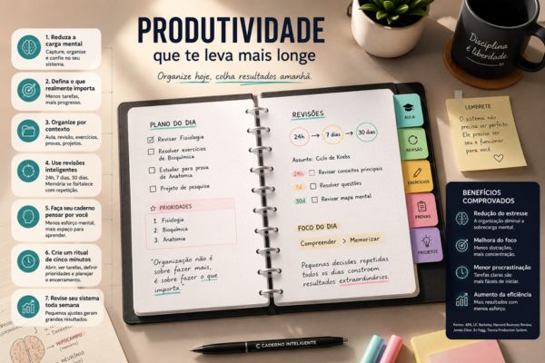 Descubra 7 estratégias de produtividade usando o Caderno Inteligente para estudar com mais foco, reduzir a sobrecarga mental e organizar sua rotina de forma simples e eficiente.