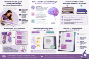 Histologia é uma disciplina construída sobre observação, comparação e reconhecimento de padrões microscópicos. Por isso, um material organizado faz muito mais diferença do que simplesmente acumular páginas de anotações. Utilizar divisórias para separar os principais tecidos, manter teoria e prática em seções distintas, criar um padrão visual para todas as páginas e revisar continuamente reduz a sobrecarga mental e torna o aprendizado muito mais eficiente. O grande diferencial do Caderno Inteligente está justamente na flexibilidade. Como as folhas podem ser reorganizadas a qualquer momento, o caderno acompanha a evolução do estudante durante todo o semestre, permitindo acrescentar novas informações sem perder a estrutura inicial. Ao transformar suas anotações em um sistema organizado de consulta e revisão, você economiza tempo, reduz o estresse antes das provas e facilita a construção de um conhecimento sólido em Histologia. Mais do que registrar conteúdos, você cria um material personalizado que acompanha a forma como o cérebro aprende: por organização, associação e repetição.